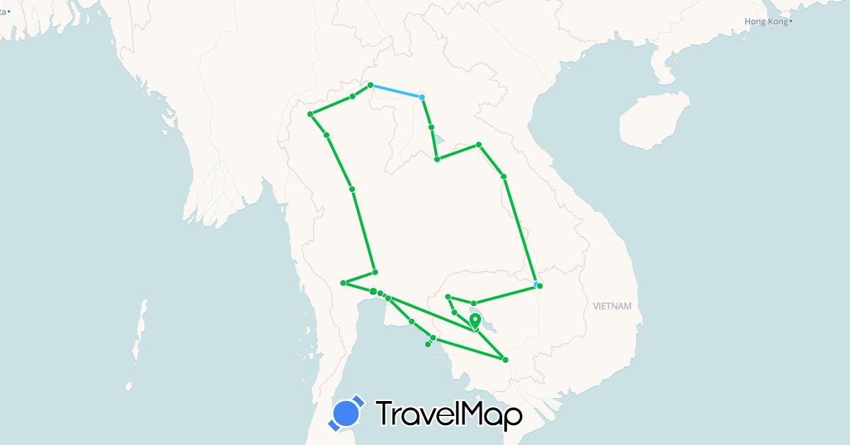 TravelMap itinerary: driving, bus, boat in Cambodia, Laos, Thailand (Asia)